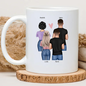 Mug personnalisé TEAM : quatre collègues de dos avec leurs prénoms et un petit cœur, cadeau de départ