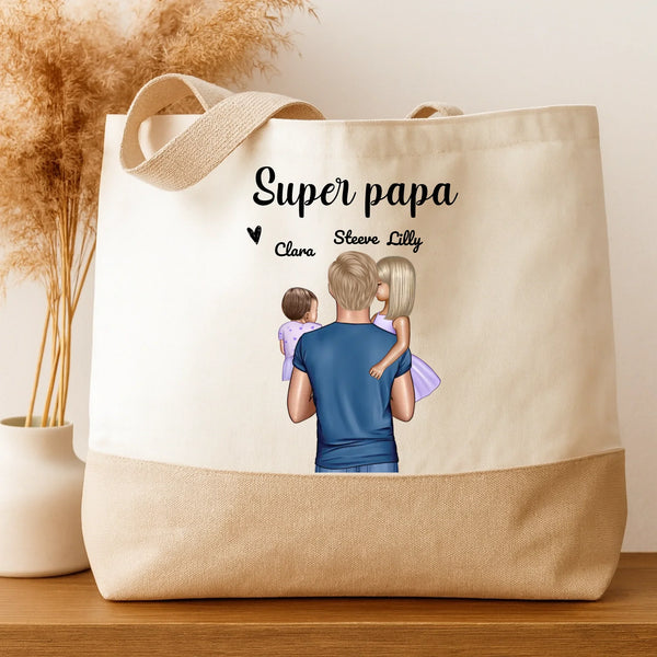 Tote bag personnalisé Super papa avec les prénoms des enfants - cadeau fête des pères