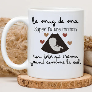 Mug personnalisé Super future maman avec échographie dessinée, idée cadeau femme enceinte