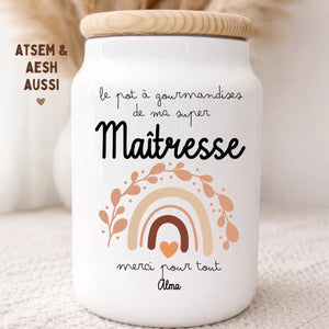 Pot à gourmandises personnalisé « ma super maîtresse » au prénom, badge ATSEM et AESH — cadeau de fin d'année henrietteandco