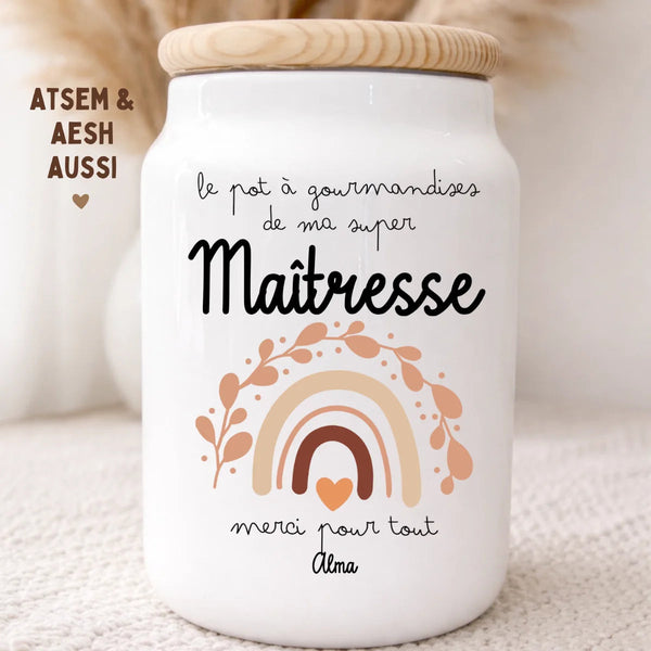 Pot à gourmandises personnalisé « ma super maîtresse » au prénom, badge ATSEM et AESH — cadeau de fin d'année henrietteandco