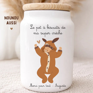 Pot à biscuits personnalisé « ma super crèche » au prénom, badge nounou — cadeau de fin d'année henrietteandco