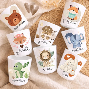 Gobelets Glouglou personnalisés au prénom de l'enfant, motifs animaux, personnalisés dans notre atelier à Châtillon-sur-Chalaronne