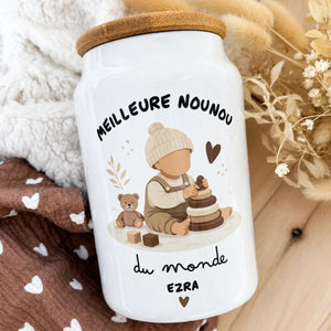 Pot à biscuits Meilleure nounou du monde personnalisé au prénom, plaid à cœurs, créé dans notre atelier à Châtillon-sur-Chalaronne